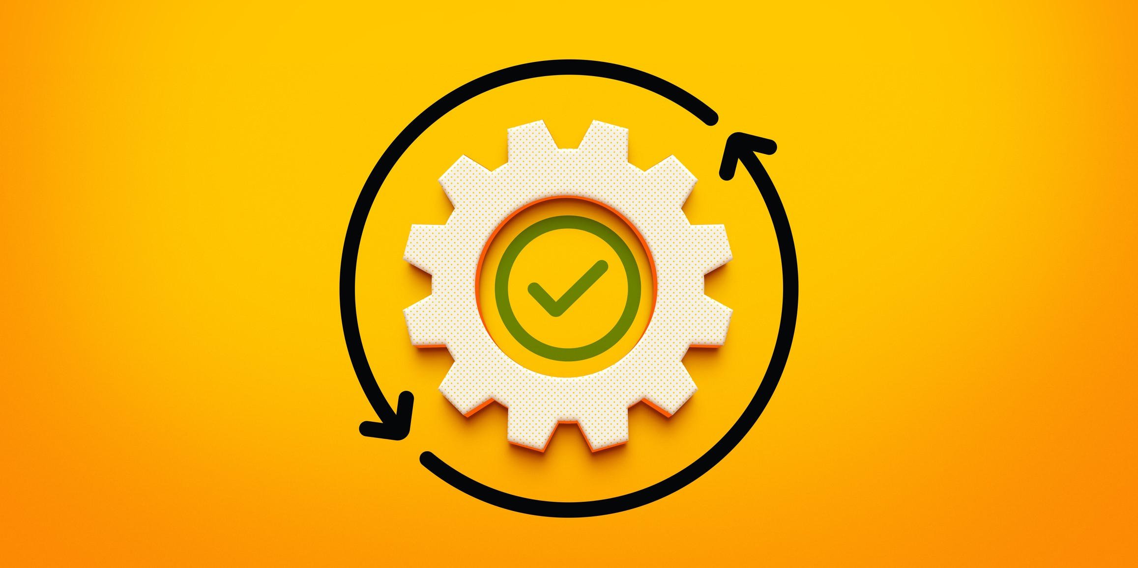 1 Wooden gear with a check mark in the middle on an orange background