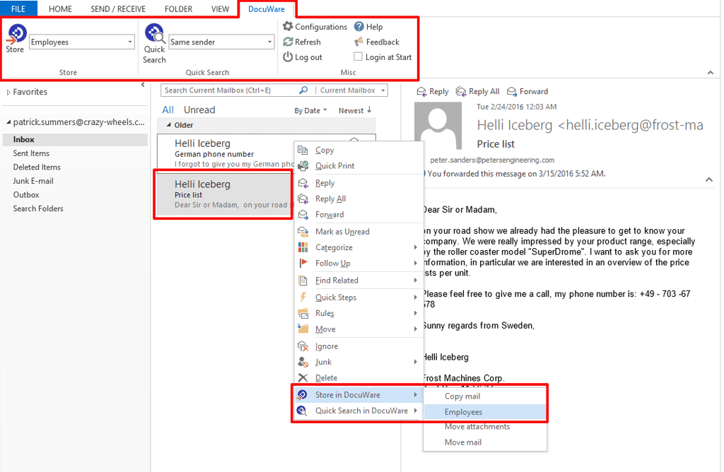 Microsoft Outlook integration in DocuWare document management