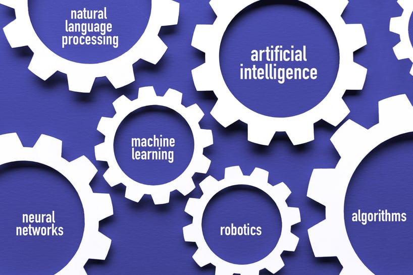 An image shows interlocking white gears on a blue background illustrating the components of artificial intelligence