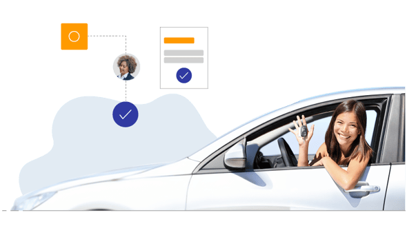 Woman looking happy with the keys to her new car. There are icons surrounding her that represent the DocuWare document management software process