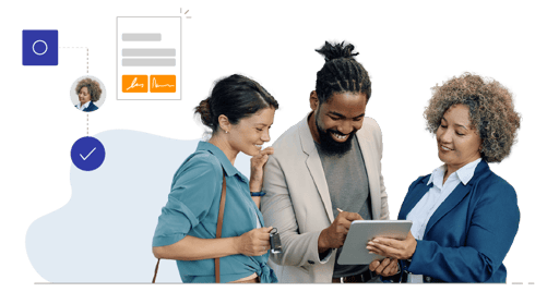 Car saleswoman with two happy customers signing a document on a tablet. There are icons surrounding them representing DocuWare's esignature feature.