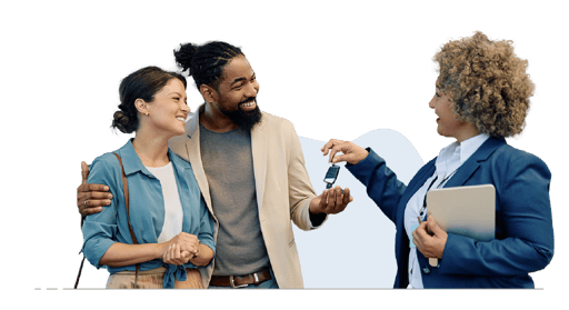 Car saleswoman handing over keys to happy couple