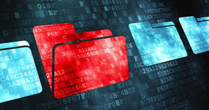Red and blue digital file folders displayed against a background of computer code and data.