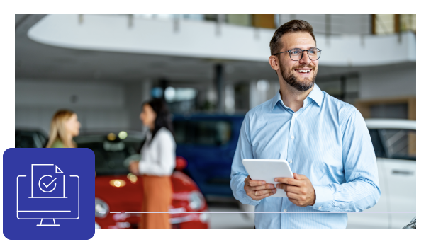 Image of Car Salesman looking happy holding an ipad