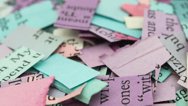 Pink, purple, gray cut up paper