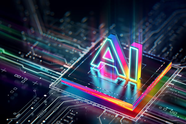 Letras de colores que deletrean AI superpuestas al procesador de inteligencia artificial