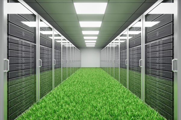 Server room with lawn of green grass separating the servers to show the concept of green computing