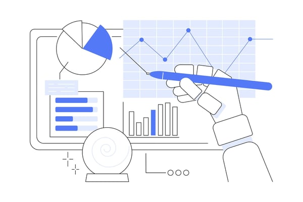 Illustration showing charts and graphs and a robotic hand represents the concepts of AI and predictive analysis