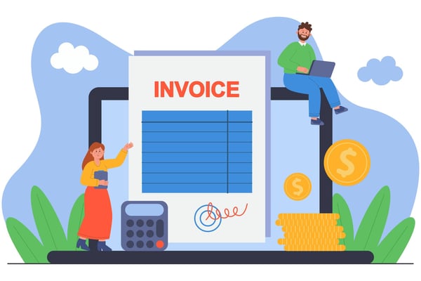 Illustration of business people with invoice payment report and laptop