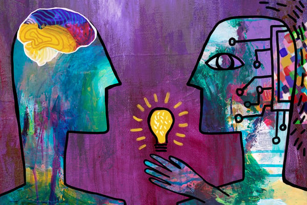 Colorful drawing of human and man representing AI sharing an idea