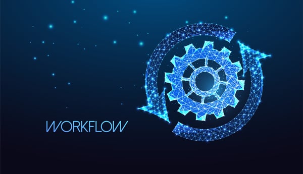 Workflow shown with digital arrows and gears