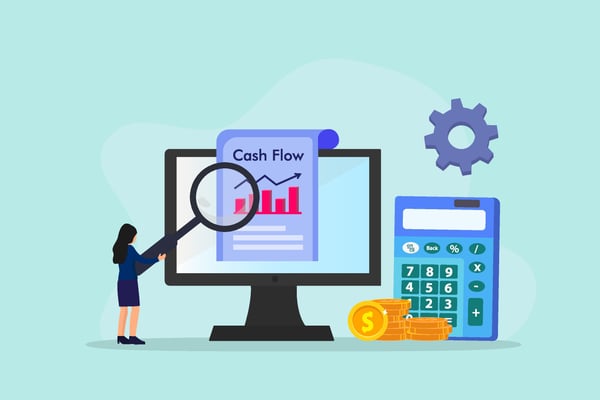 Colorful illustration holding a magnifying glass over the words cash flow shown on a large computer monitor 