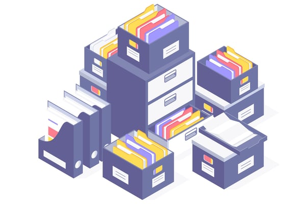 Illustration of pastel boxes holding paper files