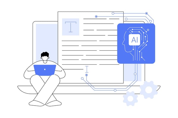 Illustration of a man sitting at a laptop with an artificial intelligence icon in the background. It represents using AI to be creative and productive.