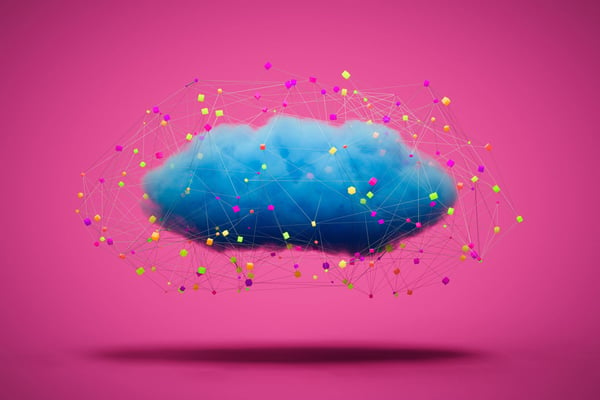 Abstract image of a pink cloud floating in a purple sky, with colorful small cubes falling like raindrops from the cloud