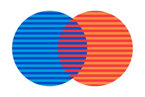 Un círculo a rayas azul claro y azul marino que se cruzan y un círculo a rayas naranja y rojo