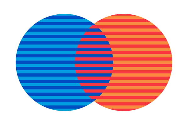 An intersecting light blue and navy blue striped circle and an orange and red striped circle 