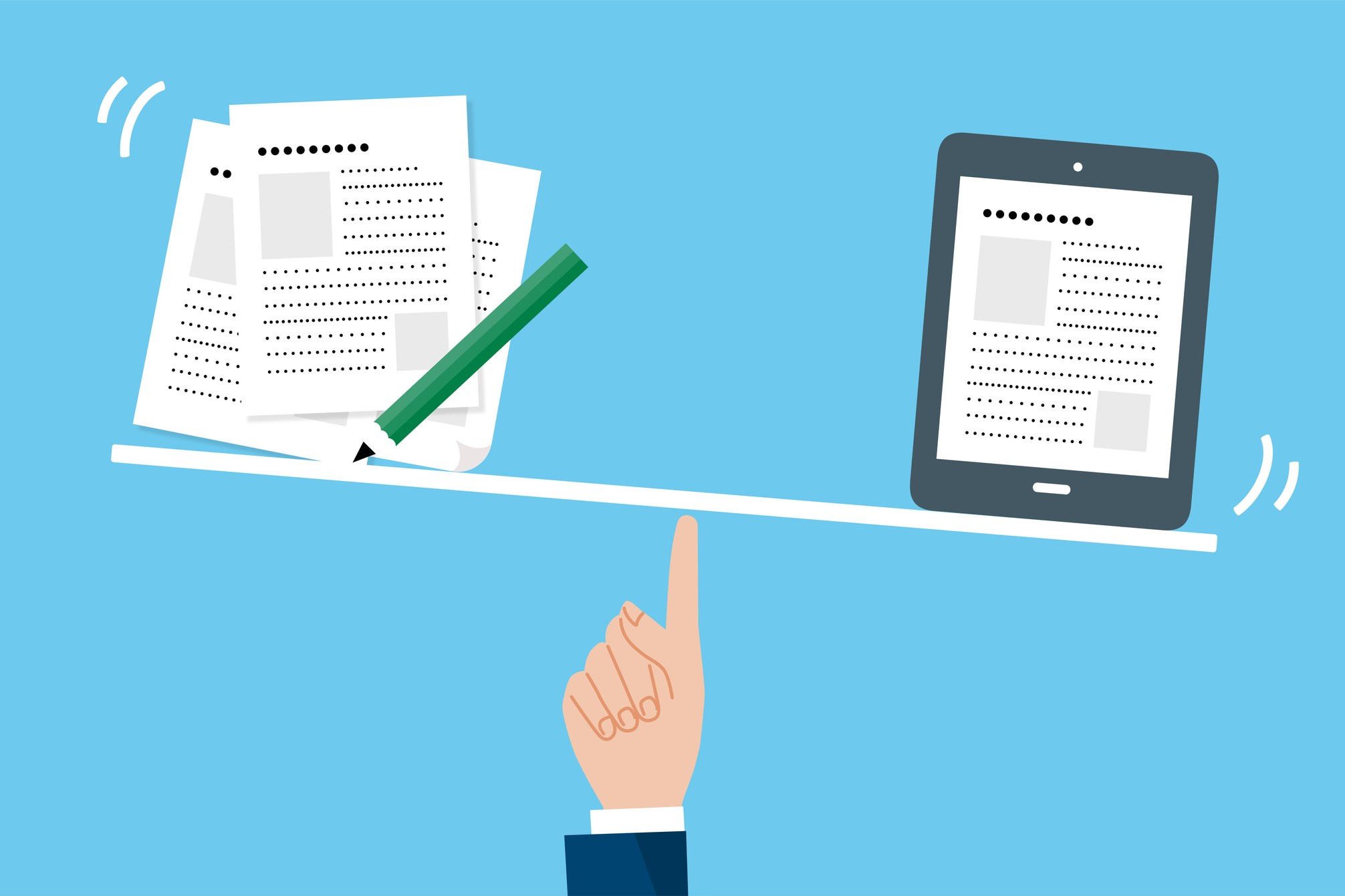 1 illustration of hand holding a scale --with documents and a tablet