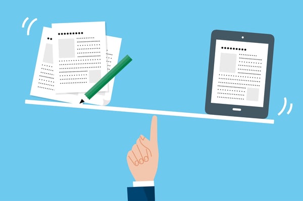 Illustration of hand holding a scale with documents and a computer tablet