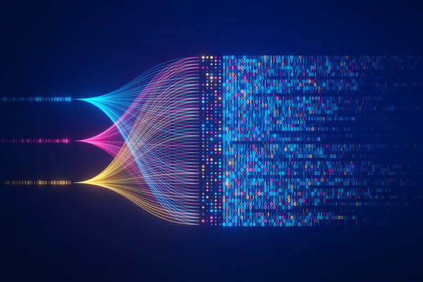 abstract image of line of computer code with separate strands merging into one block