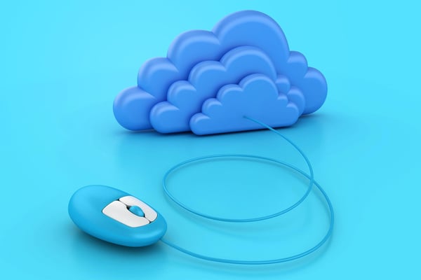 Illustration of blue clouds and a mouse on a lighter blue background