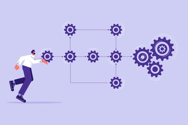 Illustration that shows a businessman pushing gears to start a workflow process on purple background