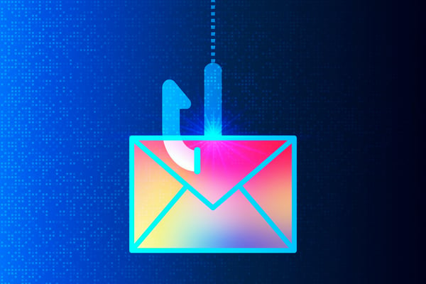 Multi-colored envelop caught on a hook to represent a phishing cyberattack