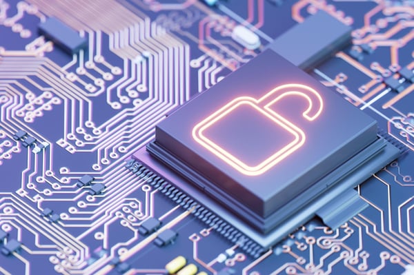 Digital data security concept represented by open padlock on chip of motherboard