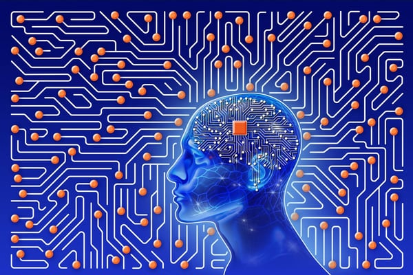 Description Human head with circuit board of artificial intelligence illustration on blue background