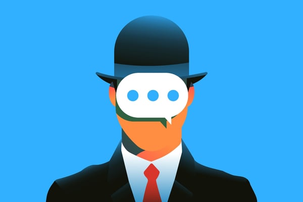 Illustration of a man in bowler hat with a chatbot text bubble in fronf of his face