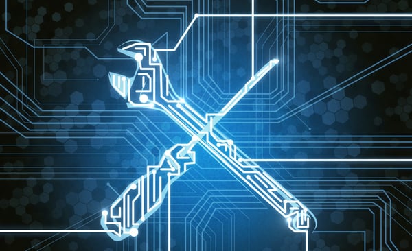 White screwdriver and a wrench on a digital background to portray online tools