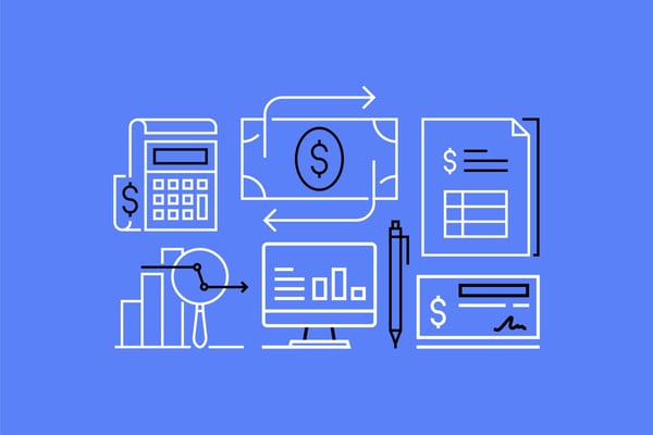 White line drawing of objects commonly associated with accounting including a bar graph, paper money and a check on a blue background