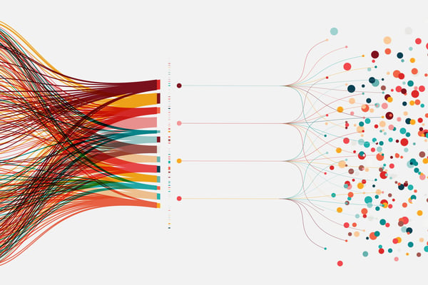 Drawing of lines in red, yellow and blue represents big data