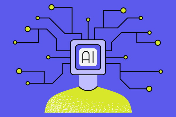 Illustration of a main with AI chip head representing artificial intelligence.