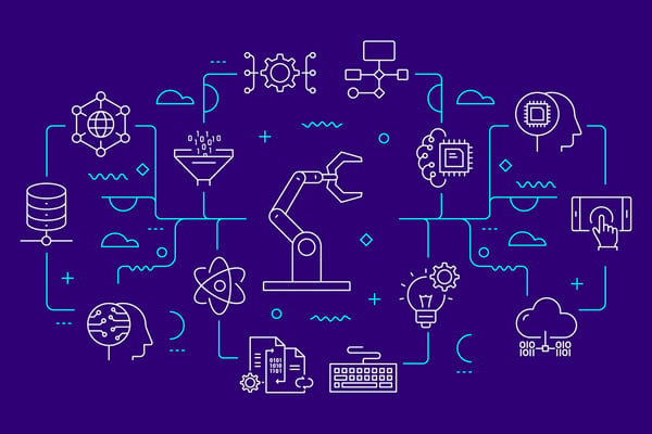 Machine learning and AI technology related images in white on a purple background