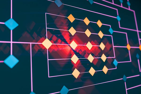 Node tree concept with lines connected with orange and blue squares