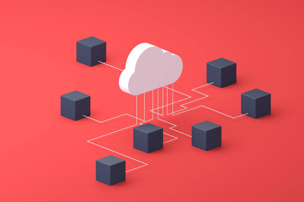 Illustration of white cloud connected to black network boxes depicting innovative cloud technologies