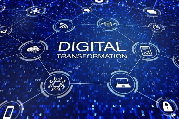 The words digital transformation on a blue background