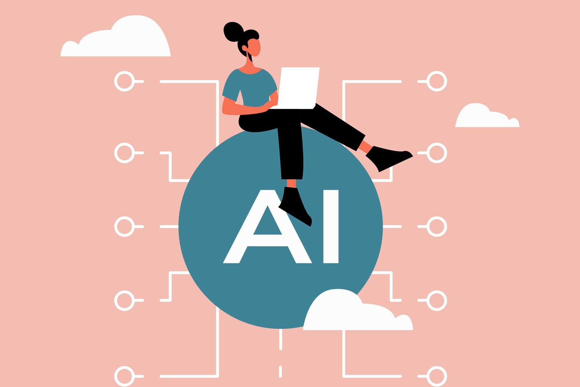 his illustration depicts a woman with a laptop sitting on an AI symbol, representing the concept of digital technology