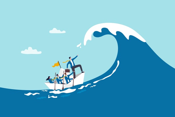 Illustration of man and his team on a boat about to run into a large wave
