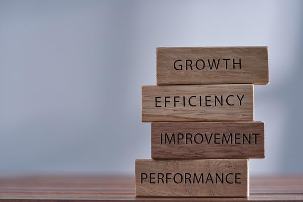 Business related words growth, efficiency, improvement and performance on wooden blocks