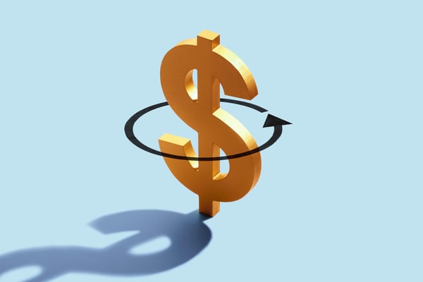A gold dollar symbol is circled by an arrow on a blue background that illustrates cash flow