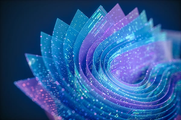 Layered transparent sheets in a spiral, filled with data particles and lines of code is a visual metaphor for AI systems. 