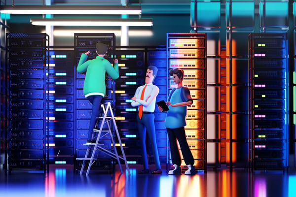 A cartoon image of three men fixing something in a computer server room
