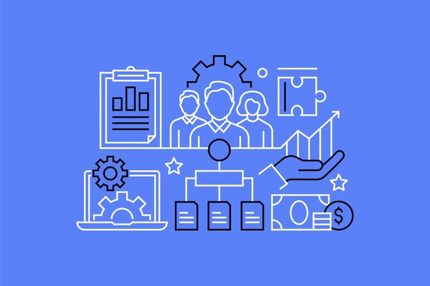 Illustration of business processes on a blue background