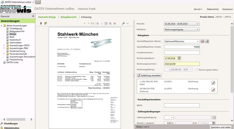 DocuWare: In DATEV Unternehmen Online haben Sie die gescannte Rechnung mit den Buchungsdaten direkt im Blick