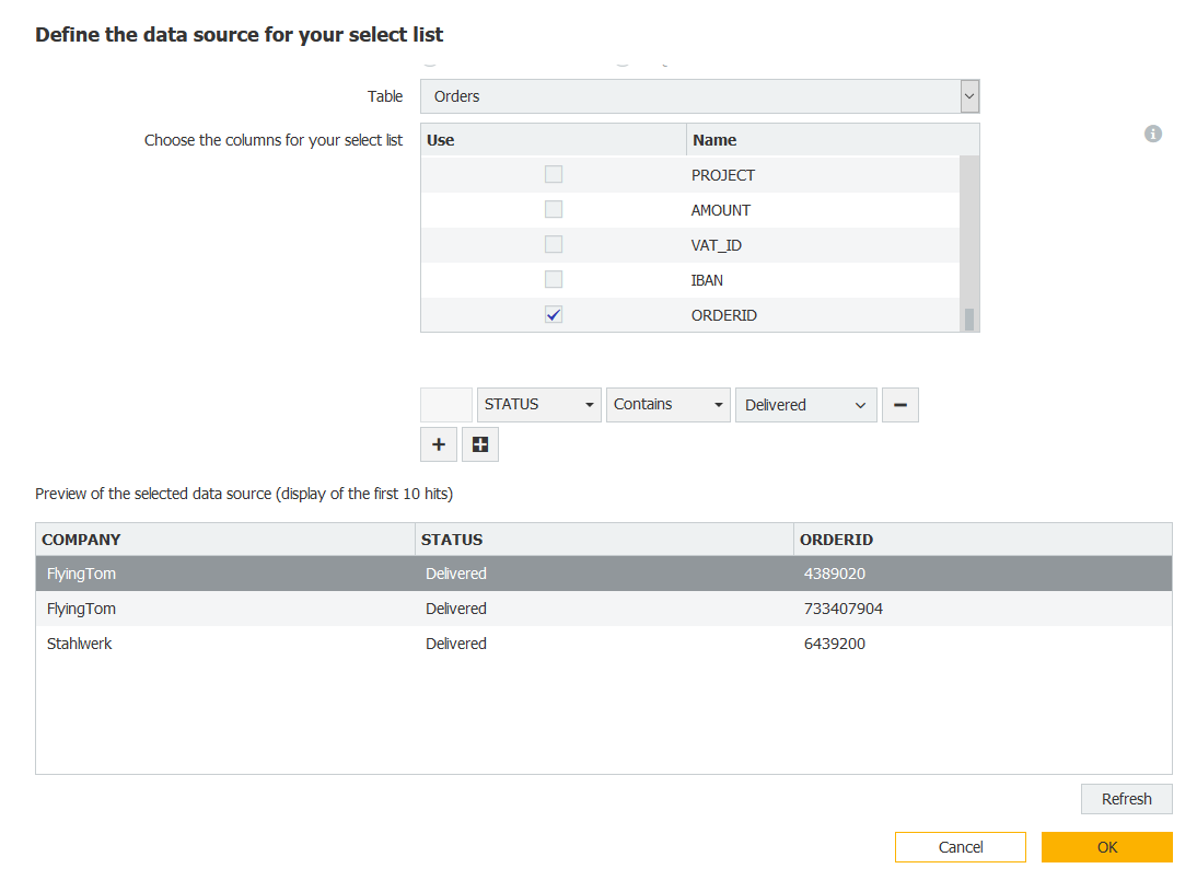    A preview shows whether the filter is letting through / sorting out the desired data for transfer to a DocuWare select list.