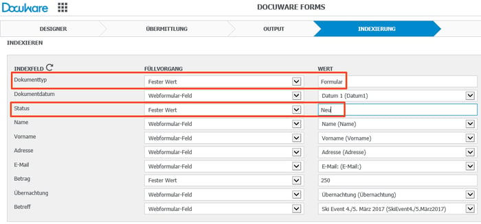 DocuWare Formular für Liste indexieren