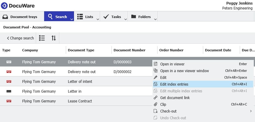 Start a search in your document pool so that the desired document is displayed in a results list. Select it and choose "Edit index entries" from the context menu.