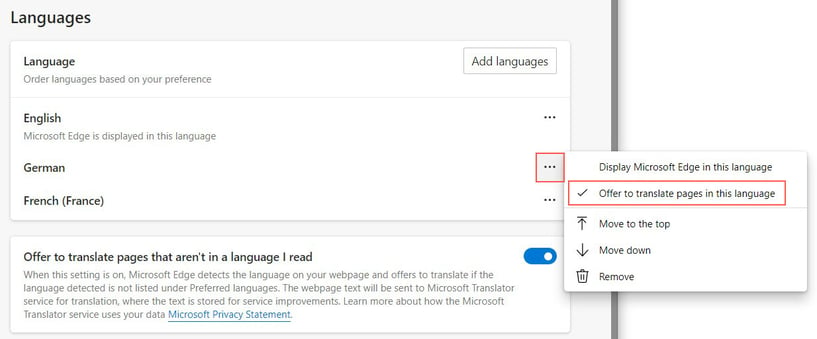 Language Options in Microsoft Edge